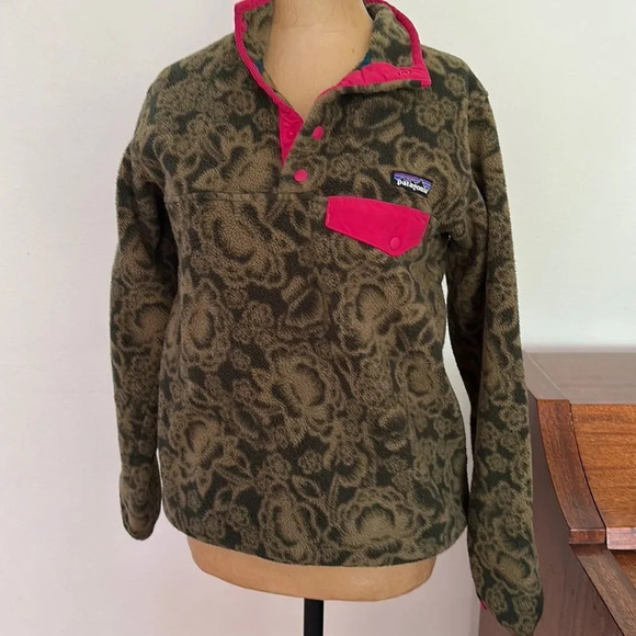 Patagonia S Synchilla fleece pullover snaps Barceloneta green floral pink edging - Picture 1 of 6